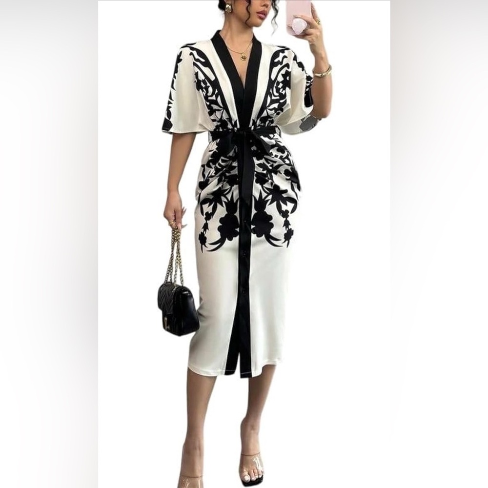 Elegant Black and White Midi Dress